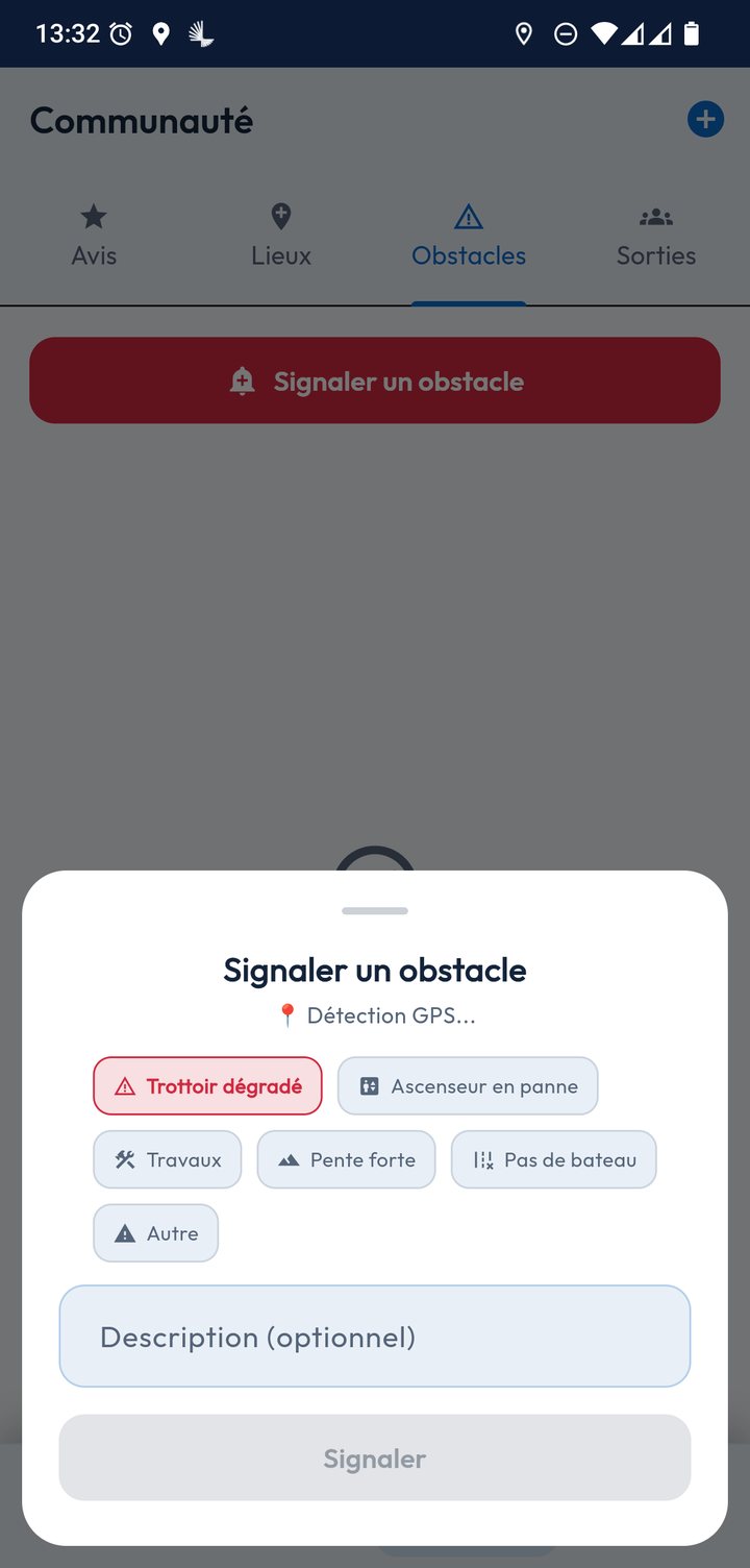 Fenêtre Signaler un obstacle : position détectée par GPS, catégories trottoir dégradé, ascenseur en panne, travaux, pente forte, pas de bateau et autre, champ de description facultatif et bouton Signaler.